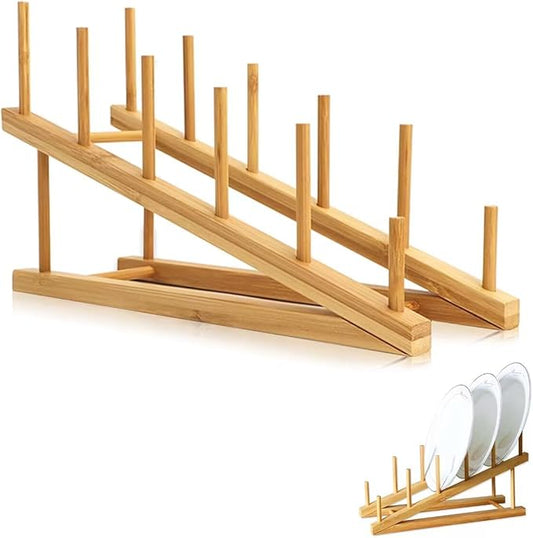 Bamboo Dish Drying Rack Wooden Plate Rack Kitchen Pot Lid Holder Cabinet