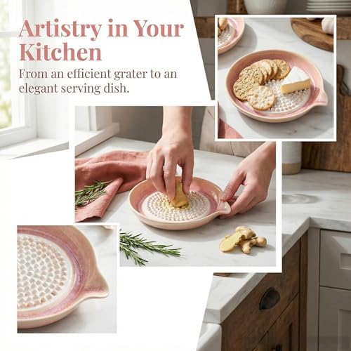 Gradient Ceramic Grater Plate – Handcrafted Multifunctional Grater for Ginger, Garlic，Cheese, Chocolate, Fruits & Vegetables – Unique Kiln-Fired Glaze, Easy-Pour Spout Includes Cleaning Brush (Green)
