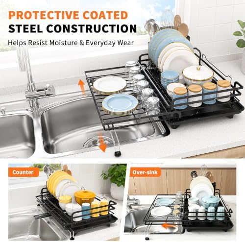 Expandable 2-in-1 Dish Drying Rack with Drainboard (Black)