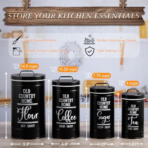 Black Canisters Sets for the Kitchen, Airtight Kitchen Canisters for Countertop, Flour and Sugar Containers, Tea Coffee Sugar Canister Set, Black Kitchen Decor and Accessories, Set of 4