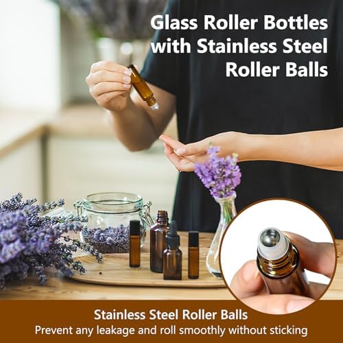 KEYWING 10ml Amber Glass Roller Rottles for Essential Oils, 54 Pack - Image 5