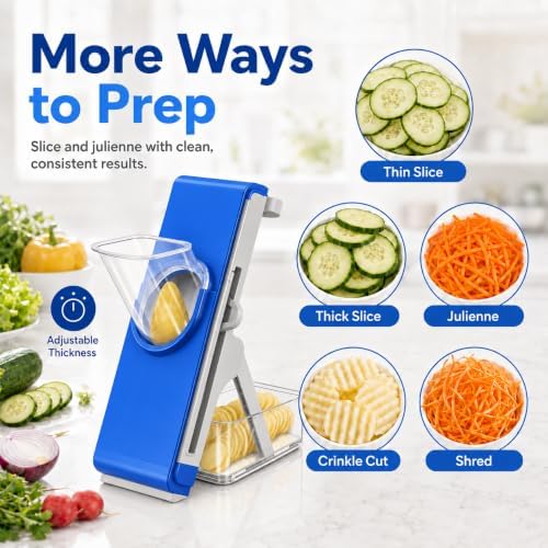 Safe Mandoline Slicer for Kitchen, Vegetable Slicer with Container, French Fry Cutter, All in 1 Julienne Slicer for Potato, Thickness Adjustable, Detachable Blade (Dark blue) - Image 4