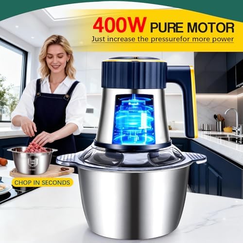 Small Food Processor, Electric Meat Grinder & Vegetable Chopper with 2 Bowls (8 Cup Stainless Steel + 8 Cup Glass) 5-Speed 400W Motor and 2 Sets Blades, Food Chopper for Kitchen Appliances