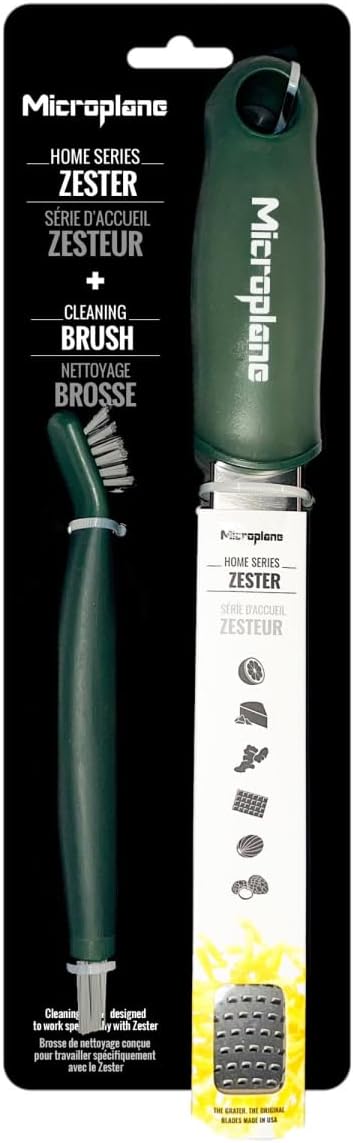 Microplane Home Series Zester & Cleaning Brush - Stainless Steel Citrus, Cheese, Ginger, Chocolate, Nutmeg Grater - Soft-Touch Handle - Made in USA - Rosemary Green