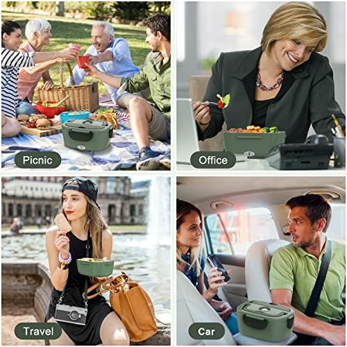 Electric Lunch Box for Adults, 80W Heated Lunch Box Portable Food Warmer Lunch Box for Work/Men/Car/Truck with 1.5L 304 Stainless Steel Container Fork & Spoon, 110V/12V/24V