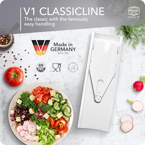 Borner Mandoline Food Slicer V1 (Basic Set) by Reston Lloyd • V-Slicer with Food Holder • Made in Germany • Fruit & Vegetable Chopper • Multiple Settings • Color: White