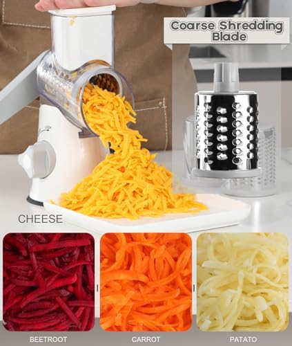 Rotary Cheese Grater Hand Crank, Kitchen Shredder Speed Mandolin Slicer Nuts Grinder with Handle and Drum Blades for Cheese, Vegetable, Walnuts, Chocolate, Potato, Carrot, 3 Blades, White