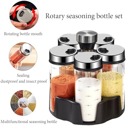 Revolving Spice Rack Organizer, Rotating Seasoning Holder Shelf with 5 Large 200ml Glass Jars for Kitchen Countertop Cabinet