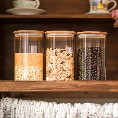6 Pack Glass Food Storage Jars 37 oz,Glass Storage Containers Clear Glass Food Canister with Bamboo Lid Airtight For Serving Tea, Coffee, Flour, Sugar, Candy, Cookie, Spice and More (Square)