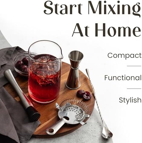 Commercial Grade Bar Mixing Glass – Includes 24oz Crystal Stirring Glass, Japanese Jigger, Bar Spoon, Muddler, and Hawthorne Strainer for Crafting Old Fashioned Cocktails at Home Bars