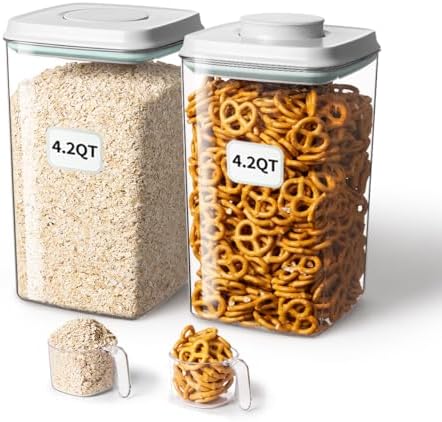 Airtight Food Storage Container with Pop Lid & 130ml Scoop, 4L/4.2qt *2 BPA-Free Cereal, Rice, Flour, Pasta & Snack Container, Stackable & Durable,Kitchen Pantry Organizer
