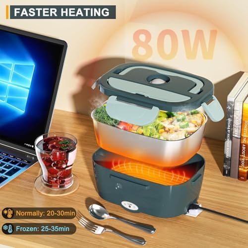 Electric Lunch Box Food Heater, Upgrade 100W High Power Portable Food Warmer, Heated Lunch Box for Adults Car/Home with 2 Removable Stainless Steel Container, 12V/24V/110V/220V
