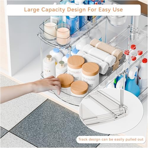 2 Pack 13.8″ Deep 2 Tier Under Sink Storage Organizer,Large Pull Out Bathroom Organizers and Storage,Slide Out Acrylic Undersink Storage Shelf,Kitchen Under Sink Organizer for Cleaning Products