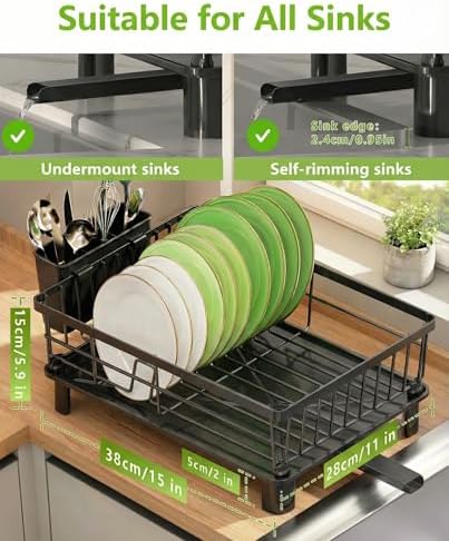 Dish Drying Rack for Kitchen Counter,Stainless Steel Drainers Rack with Detachable Cutlery Holder,Automatic Drainage System,Anti-Rust Dish Strainer Ideal for Families and Home