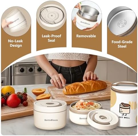 Bento Box Adult — Round Stackable Lunch Box for Women (450ml & 600ml) with Insulated Carry Bag | 304 Stainless Steel Removable Inserts | Microwave & Dishwasher Safe, White