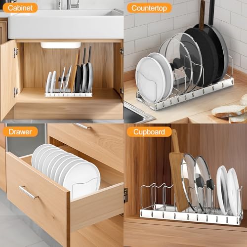 2 Pack 10-Tier Pan Organizer Adjustable Lid Organizer Kitchen Organizers and Pan Organizer and Storage Pot Heavy Duty Pot Lid Organizer for Kitchen Under Sink Storage Drawer