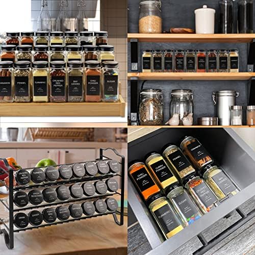 24 Pcs Glass Spice Jars with 398 Labels, 4oz Empty Square Spice Containers Seasoning Bottles - Shaker Lids, Funnel, Brush and Marker Included(Black Metal Caps)