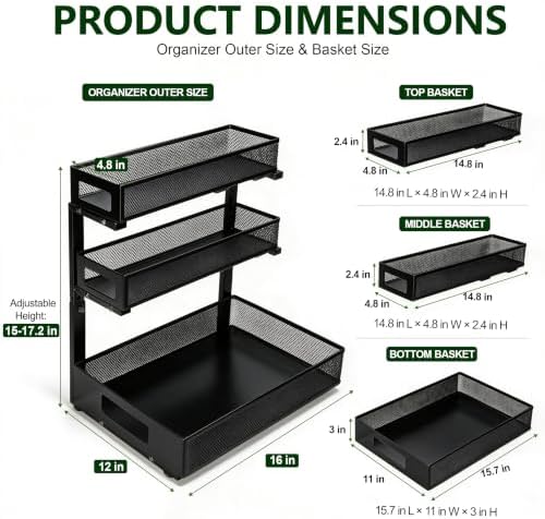 3 Tier Under Sink Organizer for Bathroom, Pull Out Drawers, 2 Pack