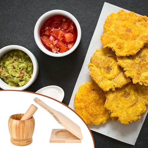 2 Kitchen Tools Including Mortar and Pestle Set and Wood Tostonera Plantain Press, Natural Plantain Smasher for Fried Banana Pepper Spices Garlic Press Grinder Chopper Crusher