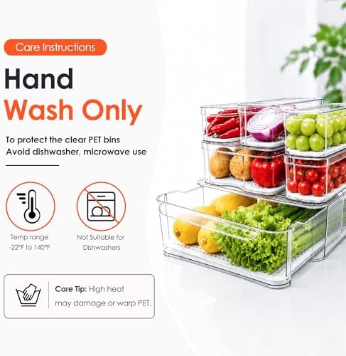 Clear Fridge Bins with Drain Trays - BPA-Free PET, Stackable(6 Pack)