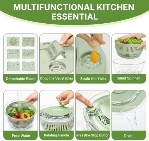 Salad Spinner 4.25qt, One‑touch Stop Button & Non‑slip Base, Vegetable Dryer Bowl with 5‑blade Slicer & Egg Yolk Strainer for Kitchen Party Use - Image 5