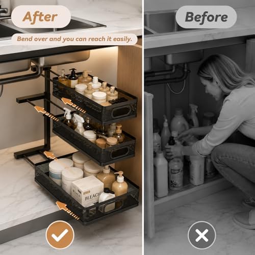 3-Tier Under Sink Organizer Organization for Home Bathroom Kitchen,Black