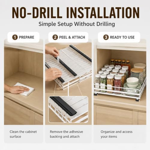 Pull Out Cabinet Organizer 12-20" W x 16" D, No Drill Expandable Heavy Duty
