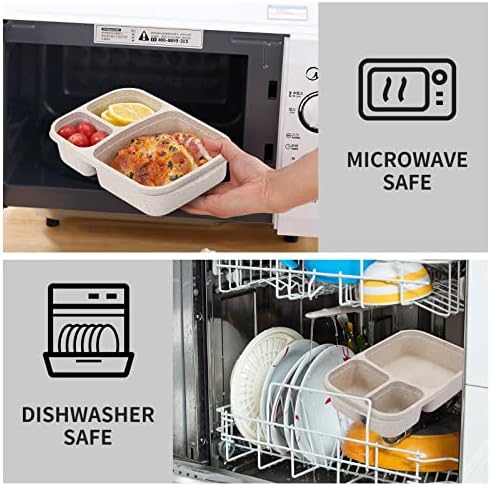 8 Pack Bento Lunch Box Set 3 Compartment Wheat Straw Meal Prep Food Storage Containers Plastic, Microwave and Dishwasher Safe(light colour)
