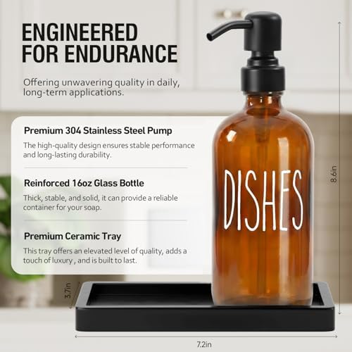 Soap Dispenser Set with Ceramic Tray, Amber & Black
