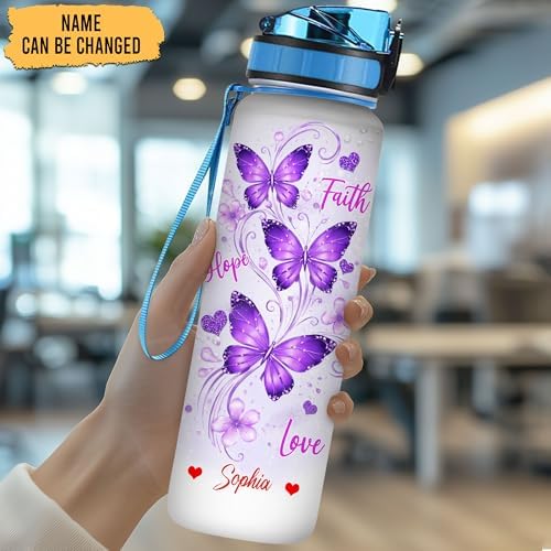 Personalized Purple Butterfly Water Bottle - 32oz Motivational Water Bottle with Leak-Proof Lid & Time Marker - Custom Name Gift for Butterfly Christ Lovers Women - Birthday & Christmas Gift