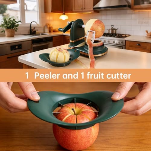 Manual Apples Peeler, Fruit Peeler Machine with Divider Fruit Peel Tool with Suction Base for Home Kitchen Pie Making (Dark green)