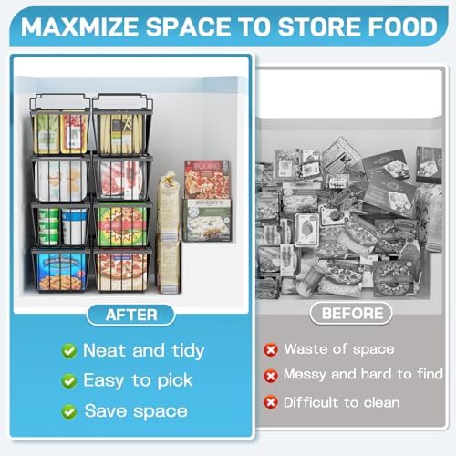 Freezer Organizer Bins, 4 Pack Stackable Pantry Storage Bins, Black