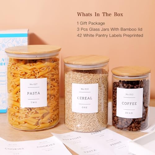 3 Pcs Glass Canisters with Airtight Bamboo Lids and 42 Kitchen Pantry Labels Preprinted - Clear Glass Flour and Sugar Storage Container Set - Large Glass Jars with Wood Lids(100 OZ/54 OZ/27 OZ)