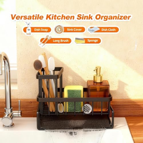 Stainless Steel Sink Caddy Sponge Holder for Kitchen Sink, Countertop Organization Storage with Movable High Brush Holder, Soap Dispenser Set Tray Counter Storage Rack, Home Decor Accessories