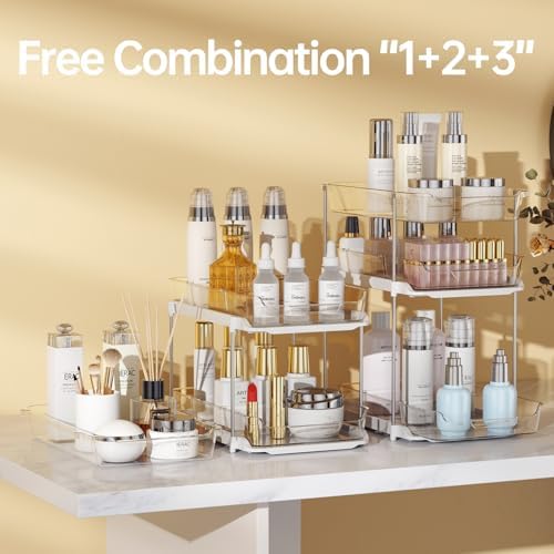 2 Sets of 3-Tier Bathroom Under Sink Organizers and Storage, Multi-Purpose Stackable Pantry Organization and Storage, Pull Out Clear Kitchen Bathroom Cabinet Organizer with Movable Dividers