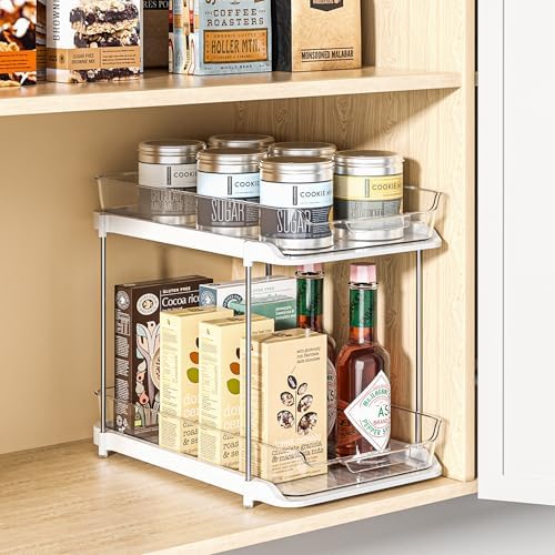 2-Tier Multi-Purpose Bathroom Under Sink Organizers and Storage, Stackable Kitchen Pantry Organization, Pull Out Medicine Cabinet Organizer with Movable Dividers, White, 1 Pack