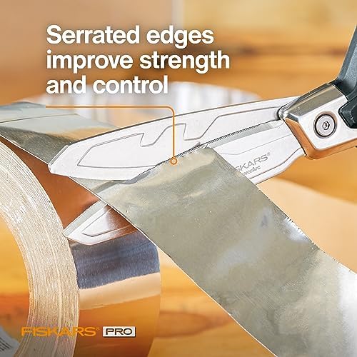 Fiskars Pro PowerArc Shop Shears, Heavy Duty Stainless Steel Scissor, Industrial Grade Tool for Building and Construction, 10 in, Orange/Black