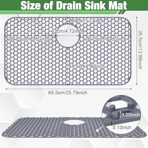 Sink Protectors Mat - 25.79"x13.98" Kitchen Sink Pad for Bottom of Basin for Protection of Stainless Steel and Tableware, Farmhouse Rubber Basin Mat Protector with Rear Drain - Light Gray