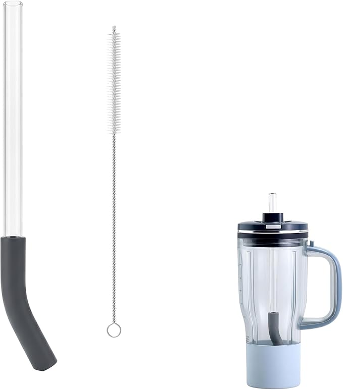 Replacement Glass Straw Compatible with Ninja BlendBOSS Smoothie Blender Travel Tumbler, Reusable & Durable Clear Straw with Cleaning Brush Fit for Ninja BlendBOSS 26oz Cup (1 Pack)
