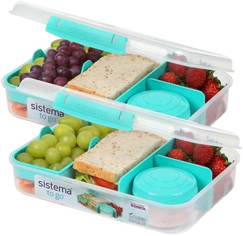 To Go 1.48L (2-Pack) Bento Box Food Storage Containers, School Lunch Boxes with Removable Dividers & Snack Pot, Two 1.48L Containers, Freezer, Microwave, & Dishwasher-Safe, BPA-Free