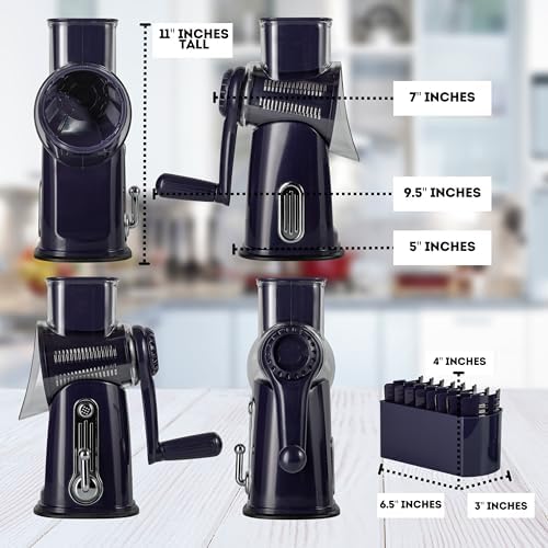 5-in-1 Rotary Cheese Grater with Handle – Stainless Steel Blades, Vegetable Slicer & Shredder, Nut Grinder, Carrot & Cabbage Grater, Easy-to-Clean Kitchen Tool (Purple)