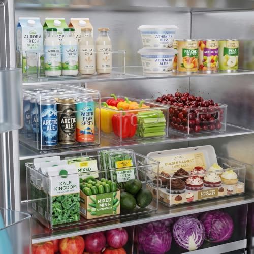 8 PACK Freezer Organizer Bins Fridge Organizers and Storage Stackable Refrigerator Organizers Bins with Side Handles Clear Storage Bins for Pantry, Under Sink, Kitchen Cabinet