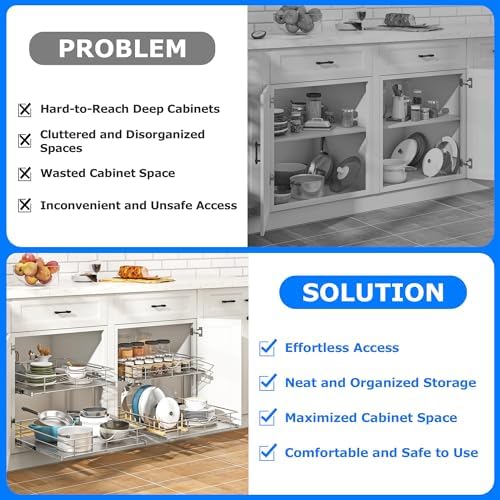 2-Tier Kitchen Cabinet Pullout Shelf and Drawer Organizer, Soft Close Pantry Pull Out Shelves, Heavy Duty Pull Out Cabinet Organizer with Shelf Liner for Kitchen Cabinets, Pantry Storage