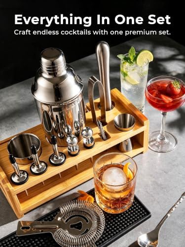 24 Piece Bartender Kit-Stainless Steel Bar Accessories with Display-Modern Mixology Shaker Set for At-Home Cocktails-Use for Mixer, Martini, Margarita and Liquer-Bar Tools (Silver)