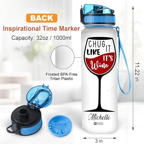 Personalized Chug It Like It's Wine Water Bottle - 32oz Motivational Water Bottle with Time Marker & Leak-Proof Lid - Custom Name Gift for Wine Lovers, Women, Men - Birthday & Christmas Gift