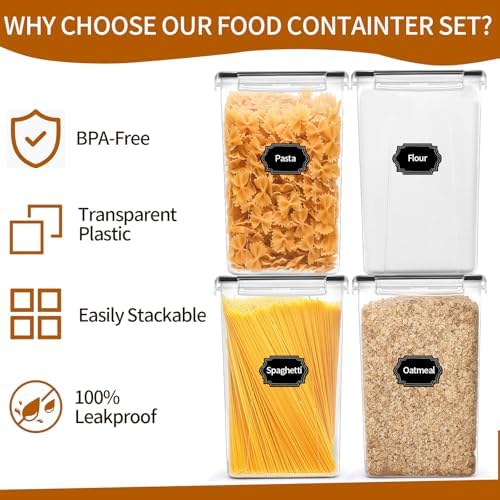 4 Pack Extra Large Airtight Food Storage Containers with Lids (6.5L / 220 oz), BPA Free Plastic Kitchen and Pantry Organization Contianers for Cereal Flour and Sugar Storage, Labels & Marker
