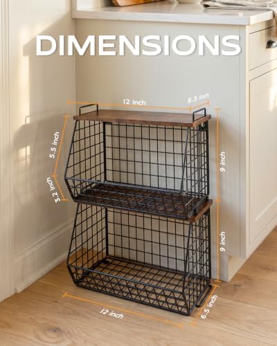 2 Pack Stackable Potato Storage Bins, Extra Large Pantry Organizer and Storage, Fruit Basket for Kitchen Counter, Potato and Onion Storage Bin with Wide Opening, Wall Mounted Vegetable Storage Basket