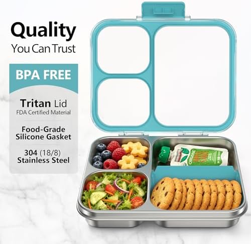 Stainless Steel Bento Lunch Box 3-Compartment, 4.2Cups, Blue
