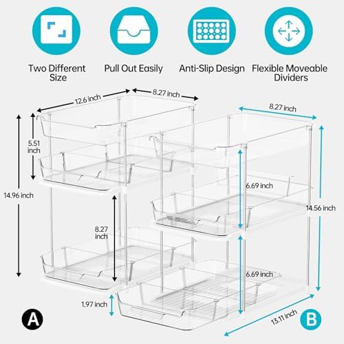 2 Sets of 3-Tier Bathroom Under Sink Organizers and Storage, Multi-Purpose Stackable Pantry Organization and Storage, Pull Out Clear Kitchen Bathroom Cabinet Organizer with Movable Dividers