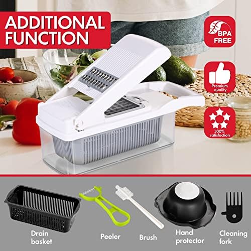 Vegetable Chopper Onion Cutter, 12 in 1 Professional Mandoline Slicer for Kitchen, Multifunctional Food Chopper for Potato, Tomato, Veggie with Strainer Basket, 8 Blades, White